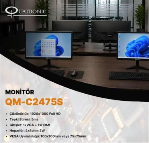Quatronic QM-C2475S 24" 1080 (HDMI+VGA) Speaker 75Hz Fhd Led Monitör görseli 2