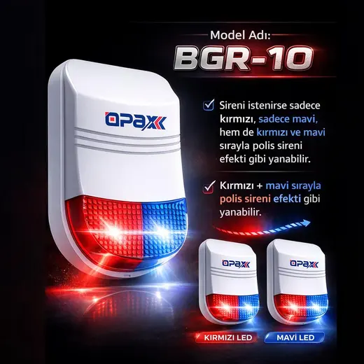 BGR-10 KABLOLU 48 LED KIRMIZI / MAVİ / KIRMIZI+MAVİ IŞIKLI HARİCİ ALARM SİRENİ V2023