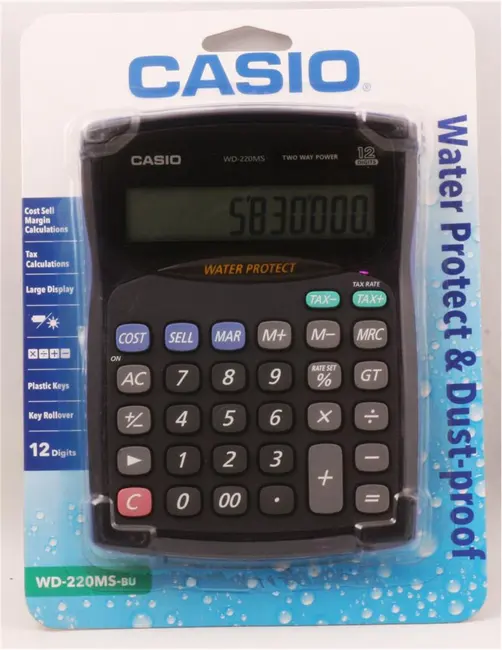 Casio WD-220MS-BU 12 Hane Suya-Toza Dayanıklı Masa Üstü Hesap Makinesi
