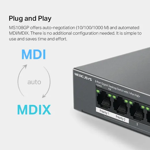 MERUCYS 8port PoE 65W Gigabit Yönetilemez Switch MS108GP görseli 2