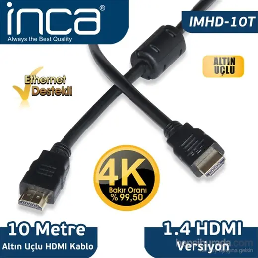 Inca IMHD-10T 10mt Örgülü 4K 1,4 V 3D Altın Uçlu HDMI Kablo 2160P Görüntü Kalitesi Parazit Korumas