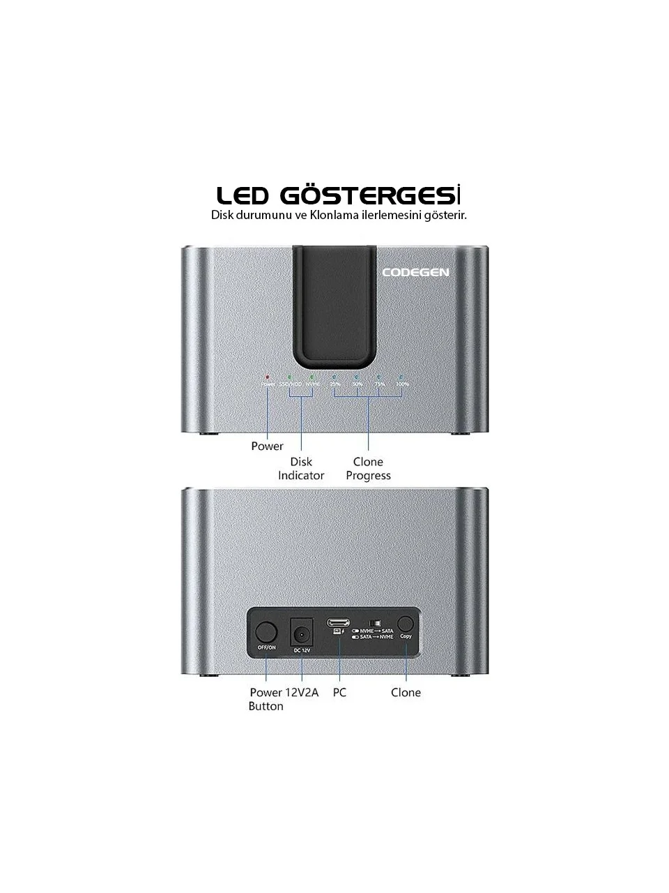 CODEGEN CDG-DOC-505 2.5"/3.5" SATA HDD/SSD + M.2 NVMe Type-C Offline Kopyalama Harddisk Dock Stand