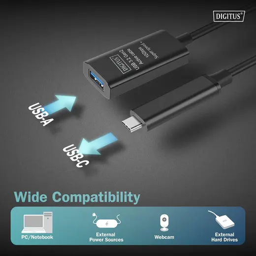 DIGITUS DA-73113 Active USB-C Extension Cable, 5m 10G, USB 3.2 Gen2, USB-C - USB-A (M/F) görseli 3