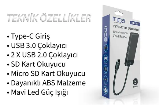 Inca ITPC-5T Type-C Giriş 2XUSB Sd-Micro Sd2.0 Çoklayıcı USB 3.0 Çoklayıcı Çevirici Mavi Led alternatif görünüm