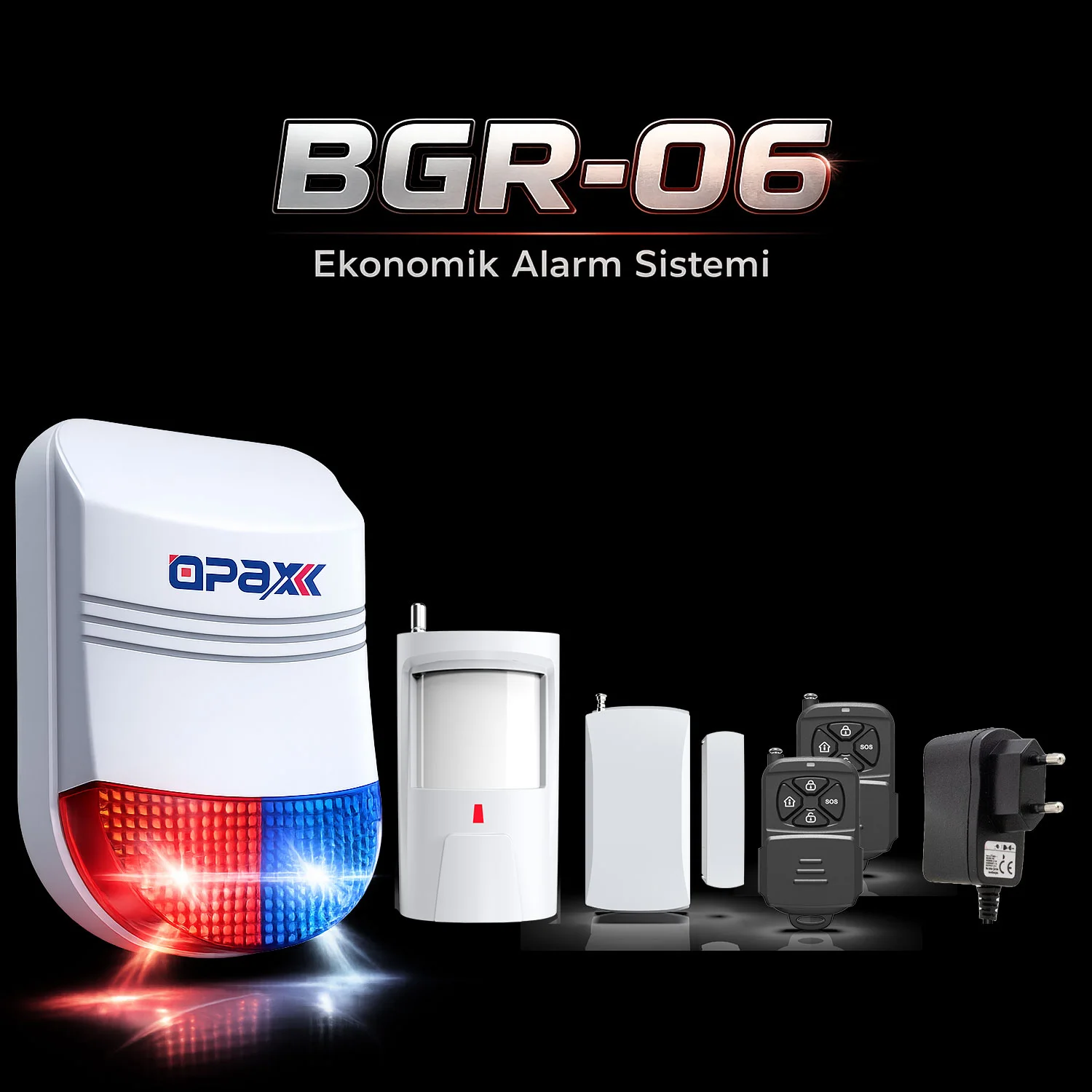 BGR-06 EKONOMİK ALARM SİSTEMİ (SİREN+PIR+MANYETİK KONTAK+2 ADET KUMANDA+ADAPTÖR)