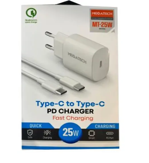 Megatech Mt-25w QC:3.0 PD:3.0 Ev Şarj Kafa+ Type-C To Type-C Şarj Kafası Hızlı Şarj
