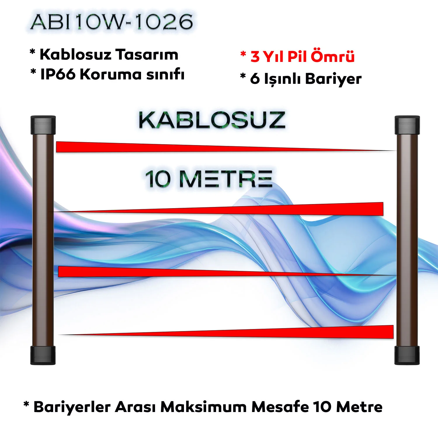 ABI10W-1026 KABLOSUZ PENCERE TİPİ 6 IŞINLI 10 METRE PENCERE BARİYER DEDEKTÖRÜ DIŞ VE İÇ ORTAM