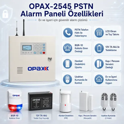 OPAX-2545 PSTN BGR-10 Kablolu Sirenli Akülü Ev ve İşyeri Alarm Seti görseli 8