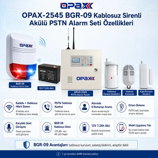 OPAX-2545 PSTN BGR-09 Kablosuz Sirenli Akülü Ev ve İşyeri Alarm Seti görseli 7