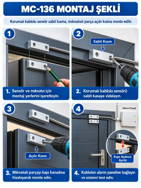 OPAX MC-136 Metal Kablolu Manyetik Kontak | Kapı Sensörü, Pencere Sensörü ve Kepenk Sensörü görseli 5