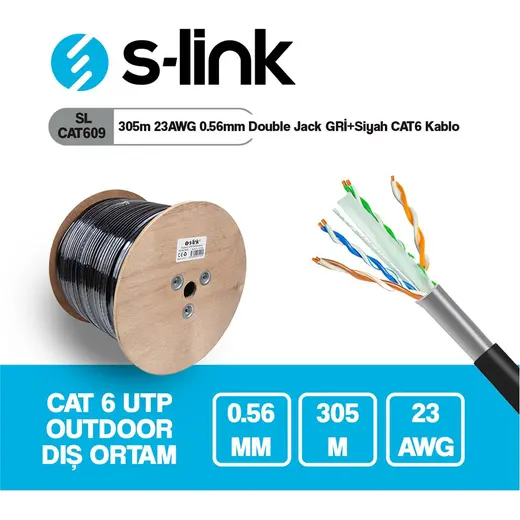 S-link SL-CAT609 305m 23AWG 0.56mm CCA Double Jack GRİ+Siyah Dış Mekan