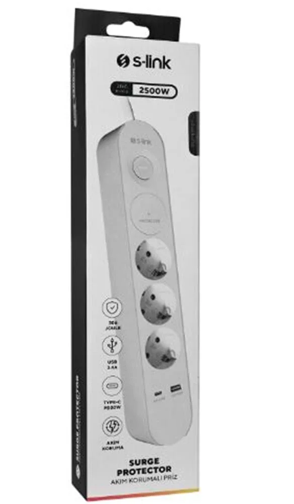 S-link SPG3-PD20 PD20W H05VV-F 3G1.0mm, 1.5m 3 lü 306 J Akım Korumalı Beyaz + Gri Priz