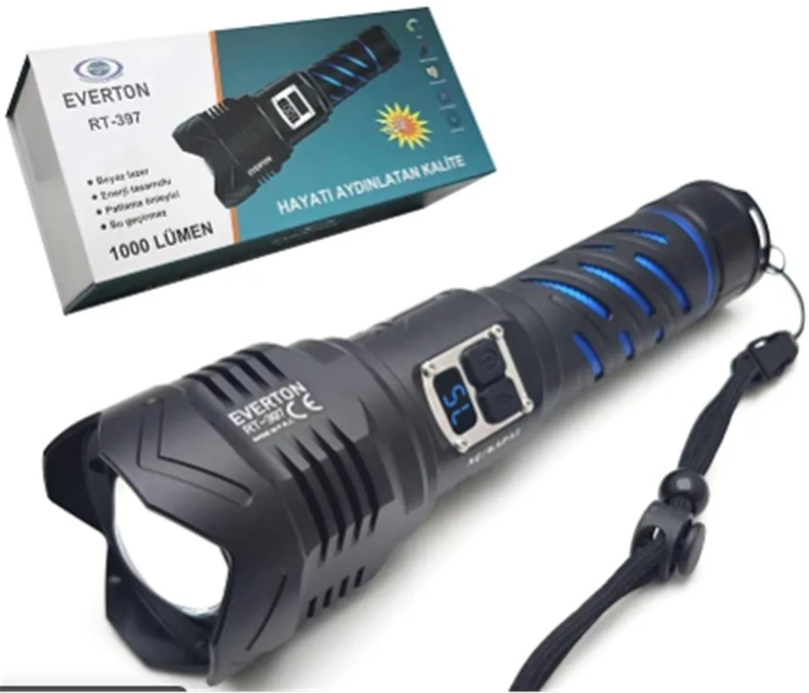 Everton RT-397 Metal Fener 1000 lümen Şarjlı 50W Su Geçirmez (Parlaklık Ayarl ) Led Gösterge
