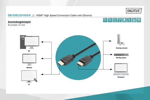 DIGITUS DB-330123-030-S HDMI High Speed with Ethernet Bağlantı Kablosu, HDMI Tip A Erkek <-> HDMI Tip A Erkek, 3 metre görseli 5