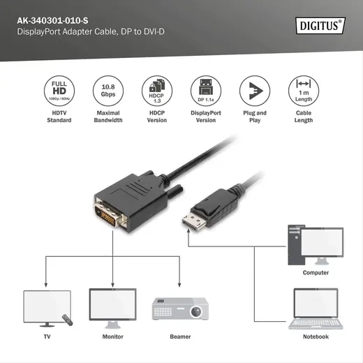DIGITUS AK-340301-010-S Display Port Adaptör Kablosu, DP Erkek - DVI (24 +1) Erkek, 1 metre, kilit mekanizmalı, DP 1.1a görseli 4