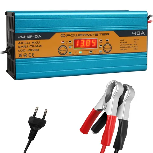 POWERMASTER DC-1240A 12 VOLT MAX 40 AMPER DİGİTAL EKRANLI AKILLI KURU - ASİT - JEL AKÜ ŞARJ CİHAZI