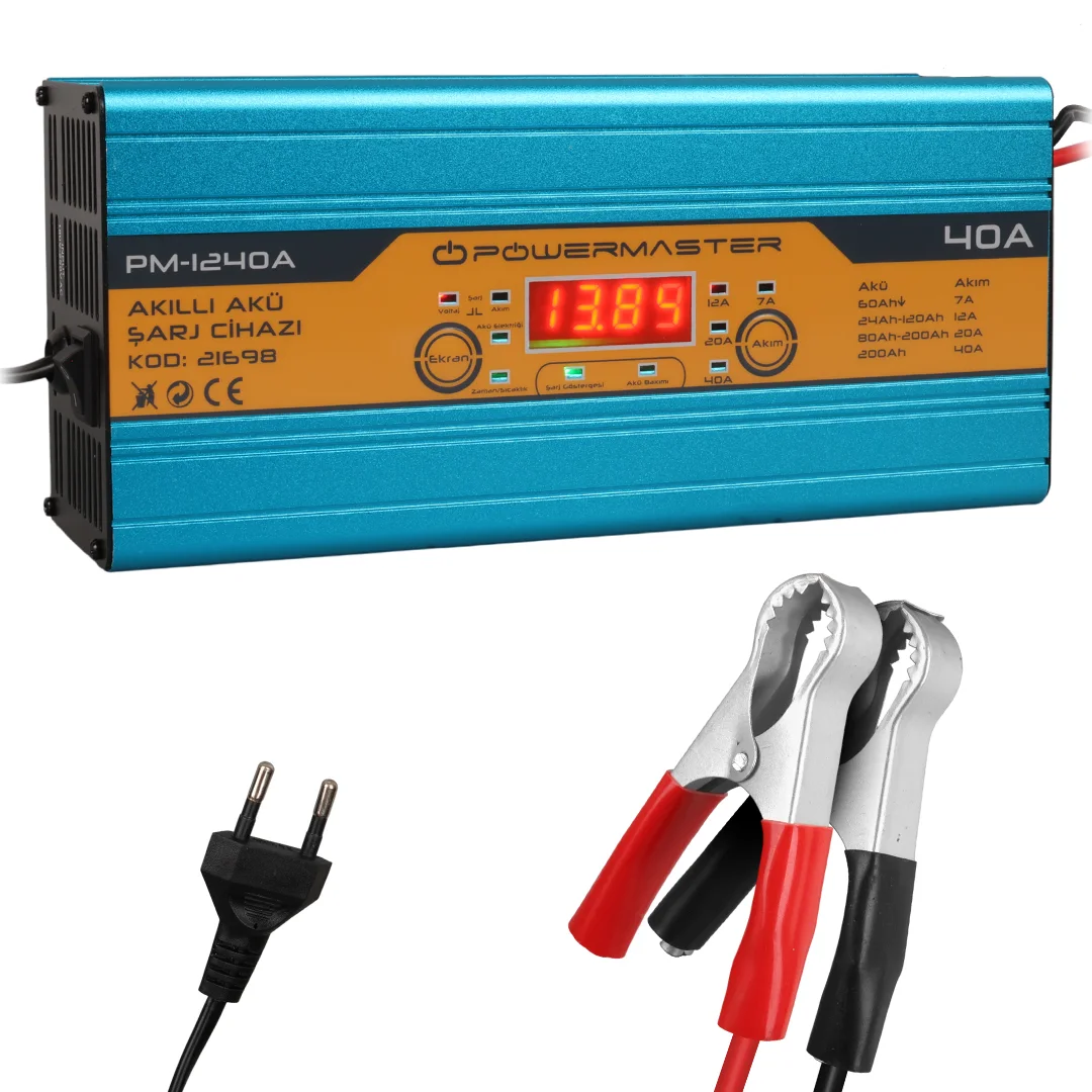 POWERMASTER DC-1240A 12 VOLT MAX 40 AMPER DİGİTAL EKRANLI AKILLI KURU - ASİT - JEL AKÜ ŞARJ CİHAZI