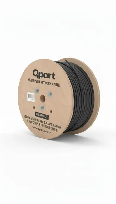 QPORT 500metre CAT6 Utp 23AWG Siyah Outdoor Makaralı LSZH Saf Bakır Kablo Q-CATFULL