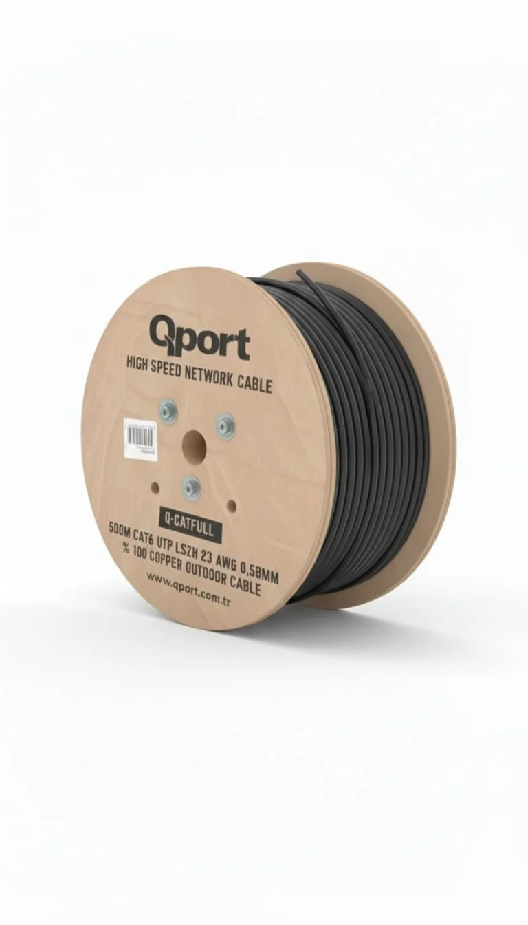 QPORT 500metre CAT6 Utp 23AWG Siyah Outdoor Makaralı LSZH Saf Bakır Kablo Q-CATFULL