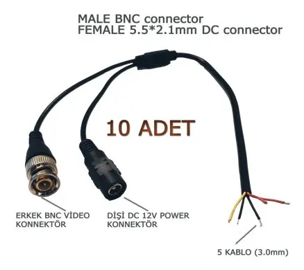 10 ADET SİYAH HAZIR BNC KABLO ( ERKEK BNC- DİŞİ POWER JACK) 30CM