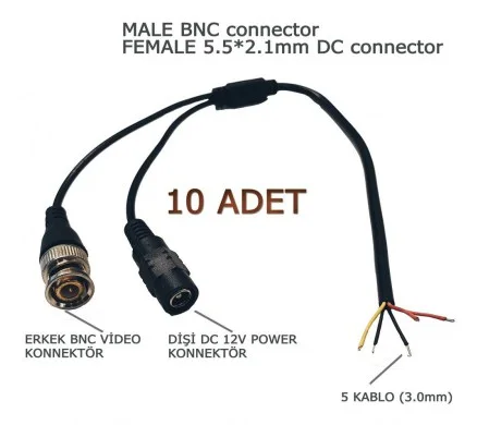 10 ADET SİYAH HAZIR BNC KABLO ( ERKEK BNC- DİŞİ POWER JACK) 30CM