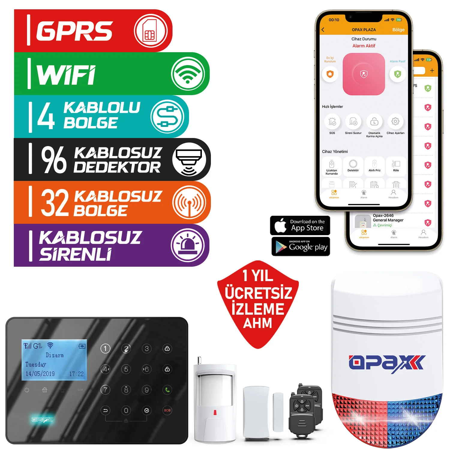ARD-575+ BGR-09 GPRS/GSM/WİFİ KABLOSUZ ALARM PANELİ ve BGR-09 KABLOSUZ SİRENLİ (1 Yıl AHM Ücretsiz)