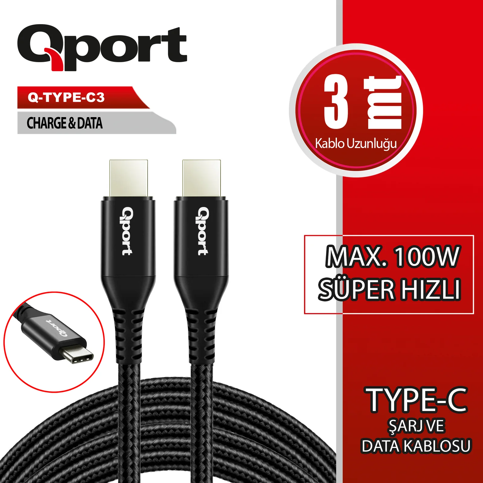 QPORT Q-TYPE-C3 3M TYPE-C 100W SUPER HIZLI PD SARJ VE DATA KABLOSU
