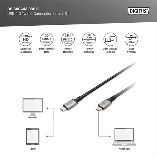DIGITUS DB-300443-010-S USB 4.0 Tip C Bağlantı Kablosu görseli 4