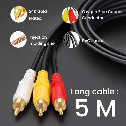 6 Metre 3 RCA - 3 RCA Kompozit AV Kablosu | Stereo Ses ve Video Bağlantısı görseli 5