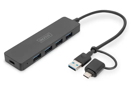 DIGITUS DA-70235 4 Port USB 3.0 Hub, İnce Tip, USB-C Adaptörlü, 5Gbps, 0,2 metre kablo