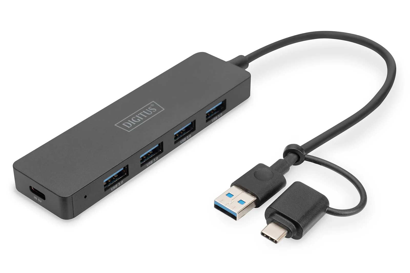 DIGITUS DA-70235 4 Port USB 3.0 Hub, İnce Tip, USB-C Adaptörlü, 5Gbps, 0,2 metre kablo