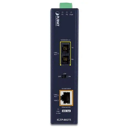 PLANET PL-IGTP-802TS Endüstriyel Media Converter 1000BASE-LX (SC,SM) 10/100/1000BASE-T 802.3at PoE+ 10km 1000BASE-LX to alternatif görünüm