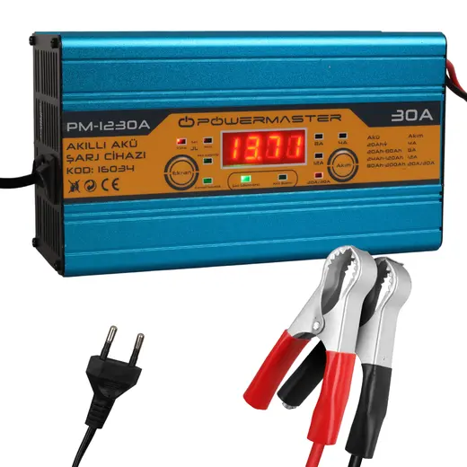 POWERMASTER PM-1230 12 VOLT MAX 30 AMPER LCD EKRANLI KURU - ASİT - JEL AKÜ ŞARJ CİHAZI