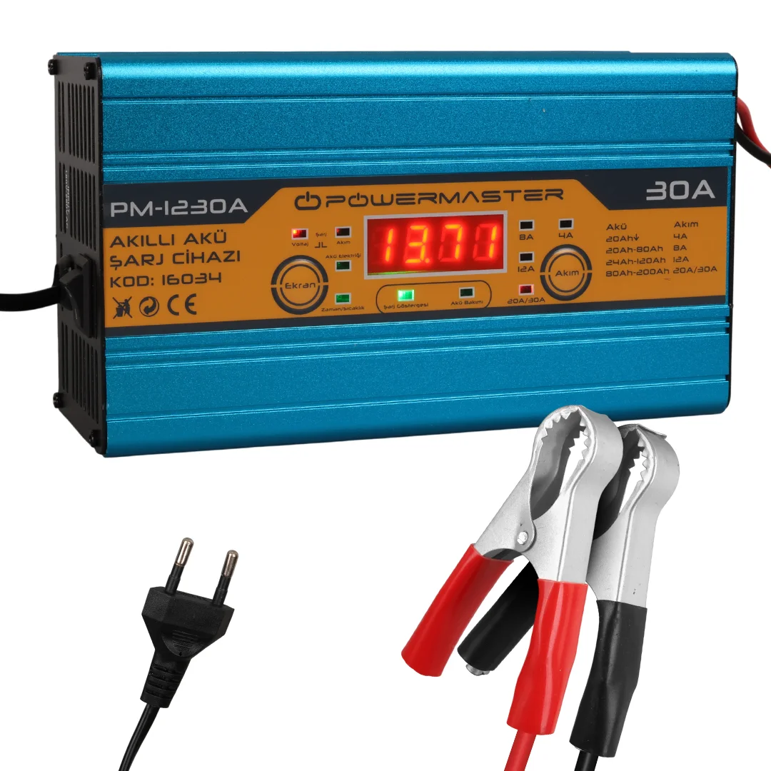 POWERMASTER PM-1230 12 VOLT MAX 30 AMPER LCD EKRANLI KURU - ASİT - JEL AKÜ ŞARJ CİHAZI