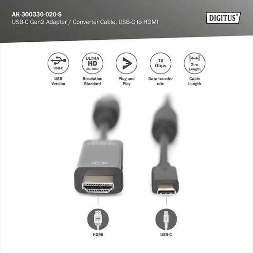 DIGITUS AK-300330-020-S USB Type-C Gen2 adapter / converter cable, Type-C to HDMI A M/M, 2m, 4K/60Hz, 18GB, bl, gold görseli 3