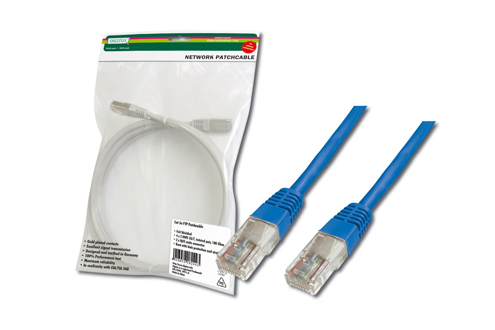 DIGITUS DK-1511-100/B Patch Kablo, UTP, CAT. 5E, 10 metre, AWG 26/7, Mavi Renk, 3P sertifikalı