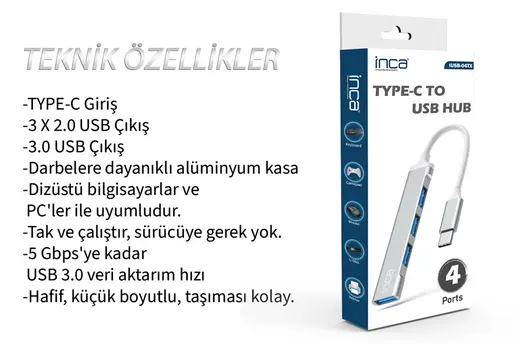 Inca IUSB-04T Type-C Grişli 4Port Usb Hub 3X2.0 USB Çıkış 3.0 USB Çıkış 5 Gbps alternatif görünüm