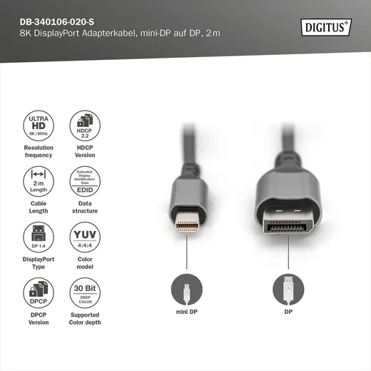 DIGITUS DB-340106-020-S 8K DisplayPort Adapter Cable, Mini DP to DP M/M, 2.0m, Alu Housing, UHD 8K, DP 1.4, bl görseli 3